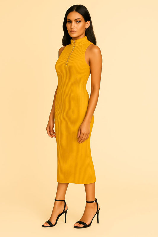 Ribbed Zip-Front Midi Dress