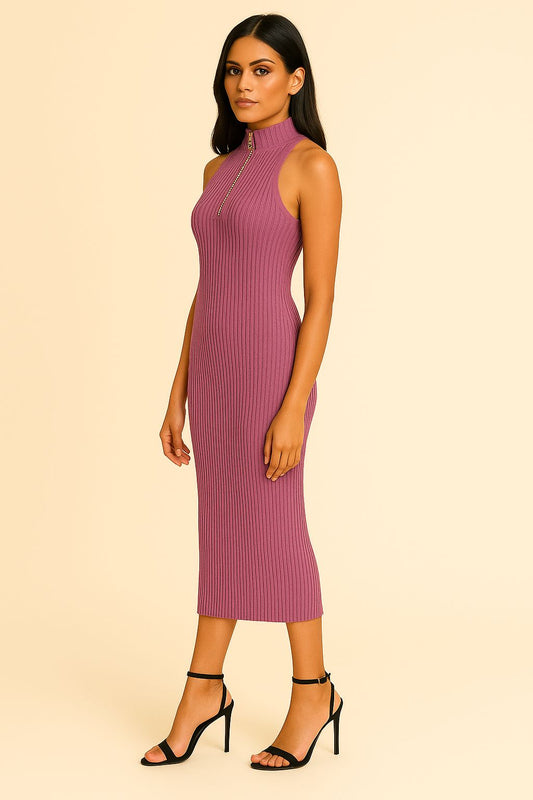 Ribbed Zip-Front Midi Dress