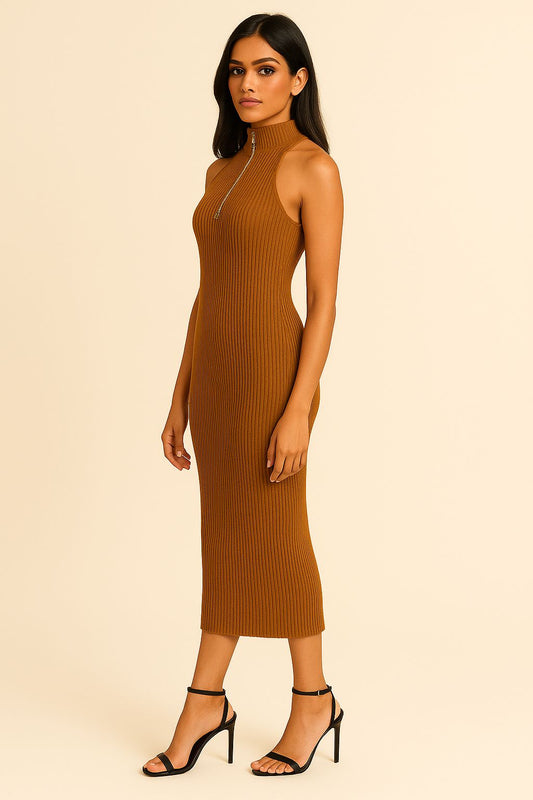Ribbed Zip-Front Midi Dress